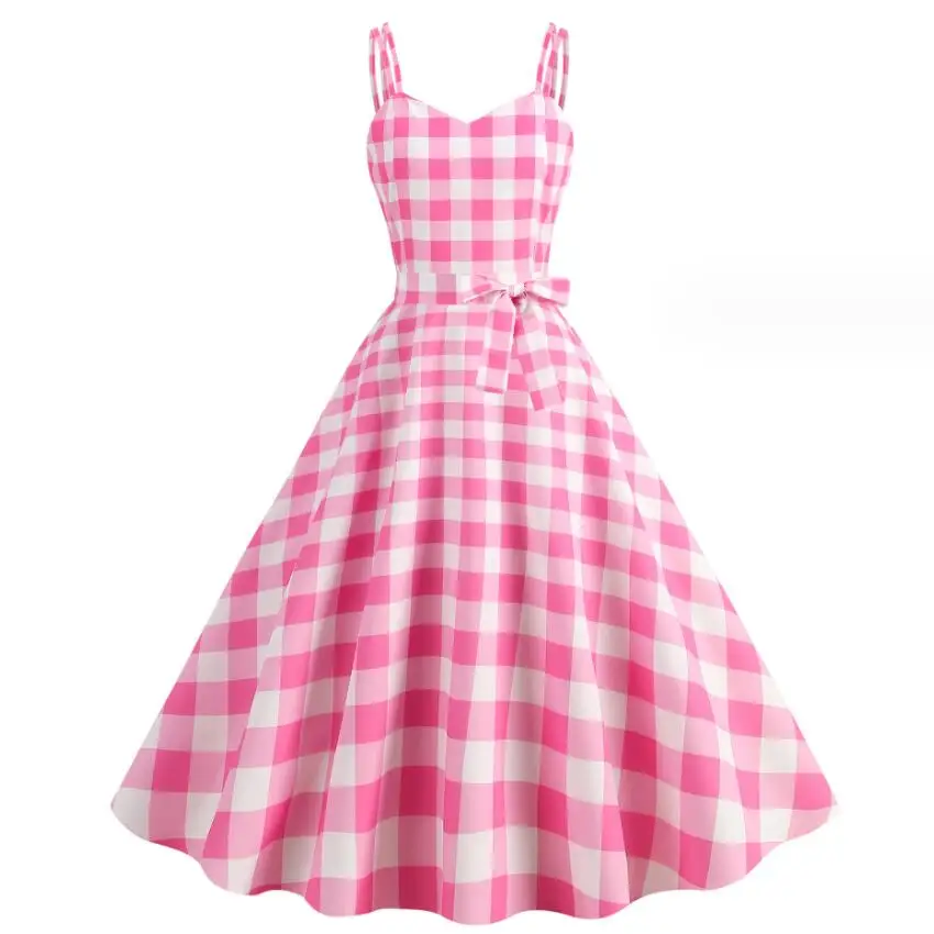 Women's Fashion Dress Pink Plaid Party Evening Dress Summer Sexy Halter Retro Lady Look Slimmer Swing Dress
