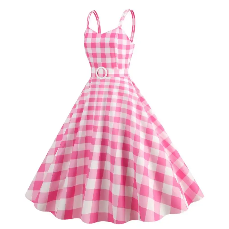 Women's Fashion Dress Pink Plaid Party Evening Dress Summer Sexy Halter Retro Lady Look Slimmer Swing Dress