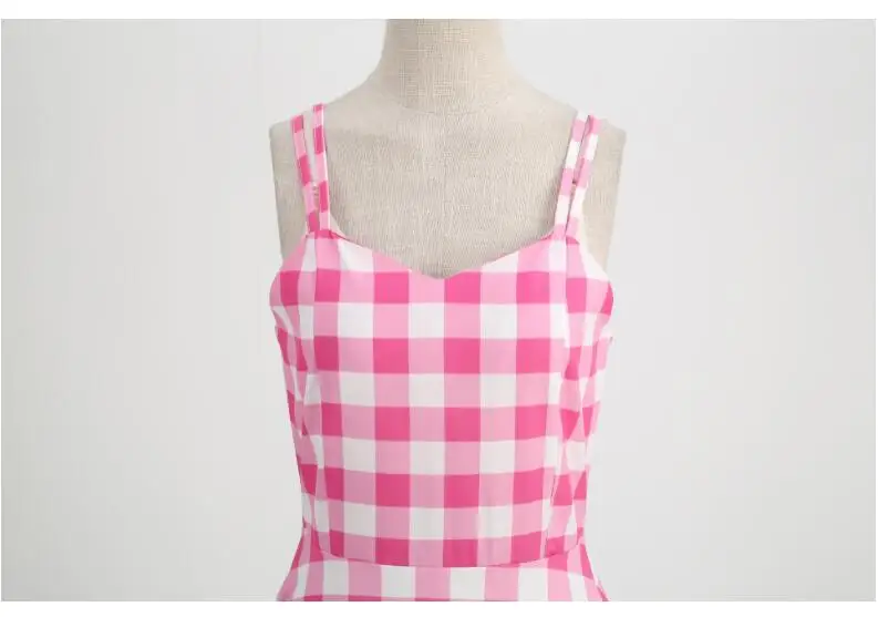 Women's Fashion Dress Pink Plaid Party Evening Dress Summer Sexy Halter Retro Lady Look Slimmer Swing Dress