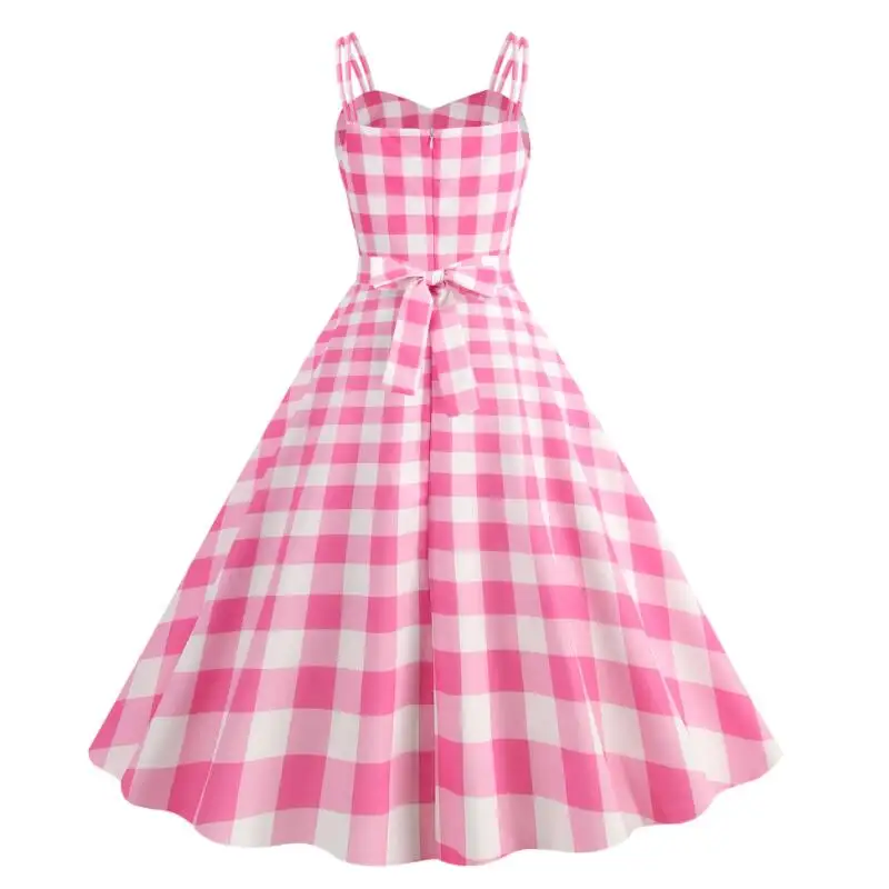 Women's Fashion Dress Pink Plaid Party Evening Dress Summer Sexy Halter Retro Lady Look Slimmer Swing Dress