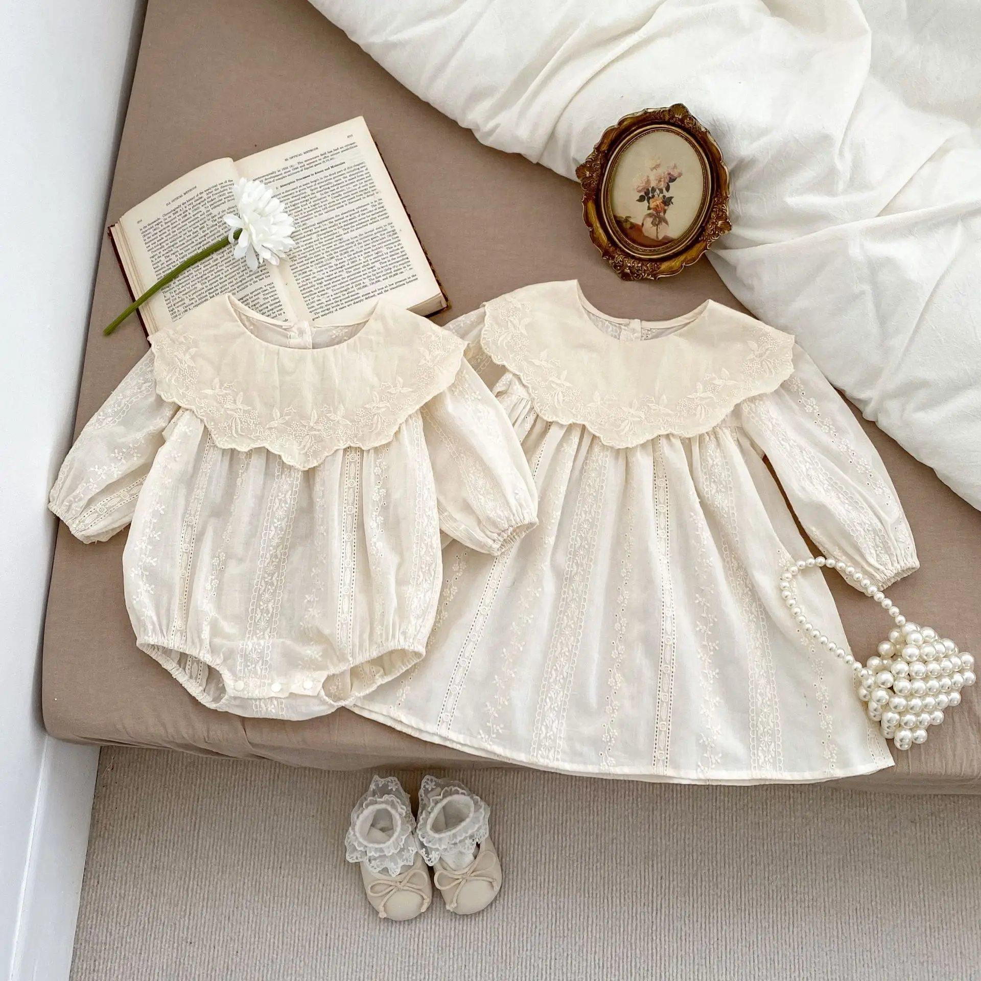 2026 Autumn Princess Infant Baby Girl Bodysuit Sisters Dress Flower Embroidery Dress For Infant Sibling Girls Toddler Outfit
