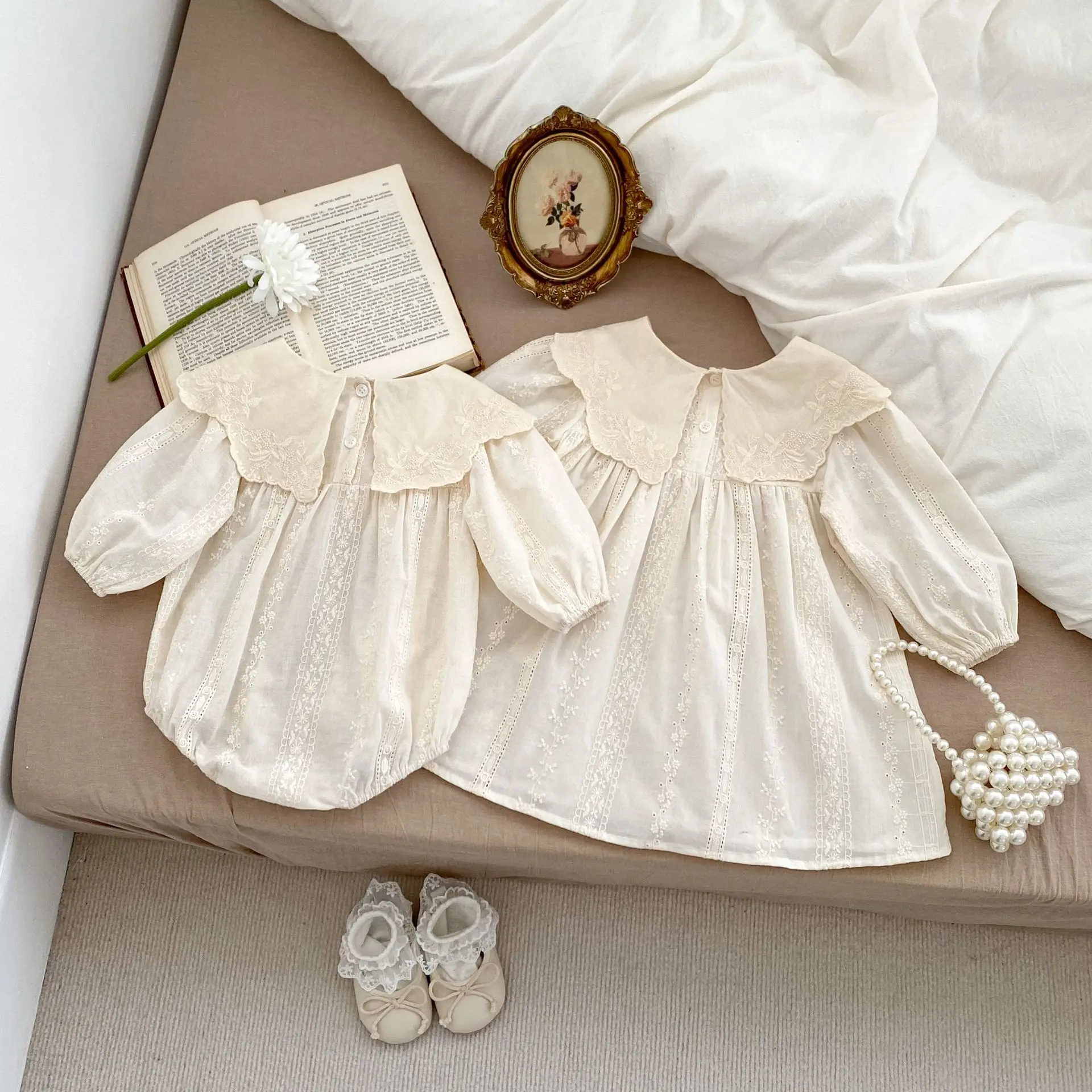 2026 Autumn Princess Infant Baby Girl Bodysuit Sisters Dress Flower Embroidery Dress For Infant Sibling Girls Toddler Outfit