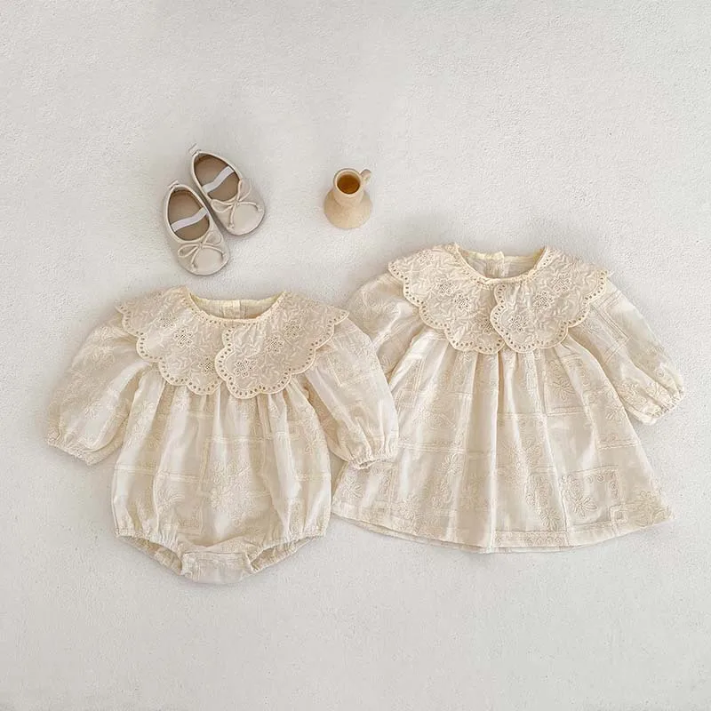 2026 Autumn Princess Infant Baby Girl Bodysuit Sisters Dress Flower Embroidery Dress For Infant Sibling Girls Toddler Outfit