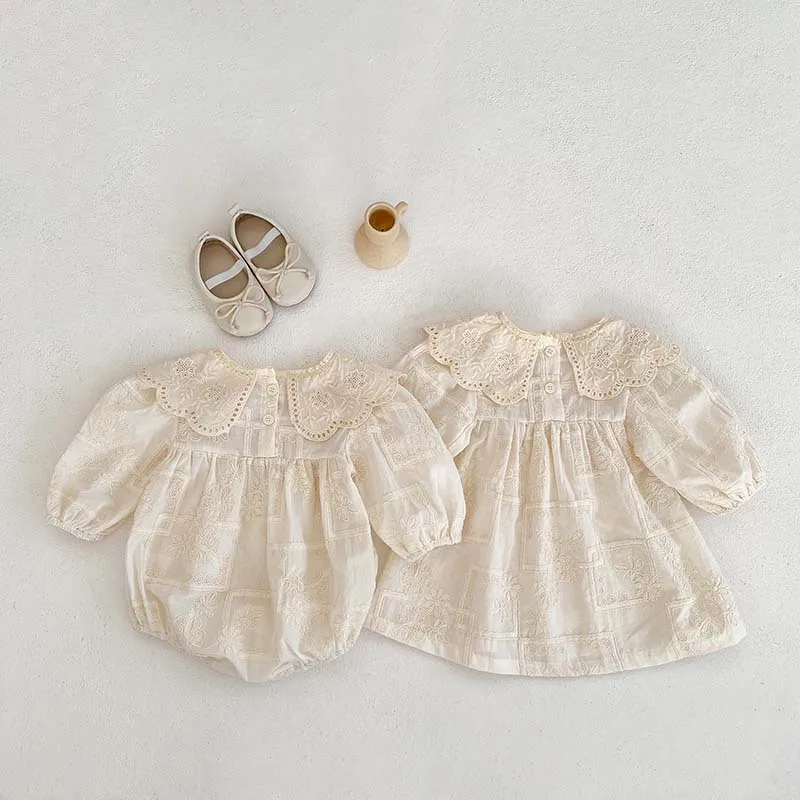 2026 Autumn Princess Infant Baby Girl Bodysuit Sisters Dress Flower Embroidery Dress For Infant Sibling Girls Toddler Outfit