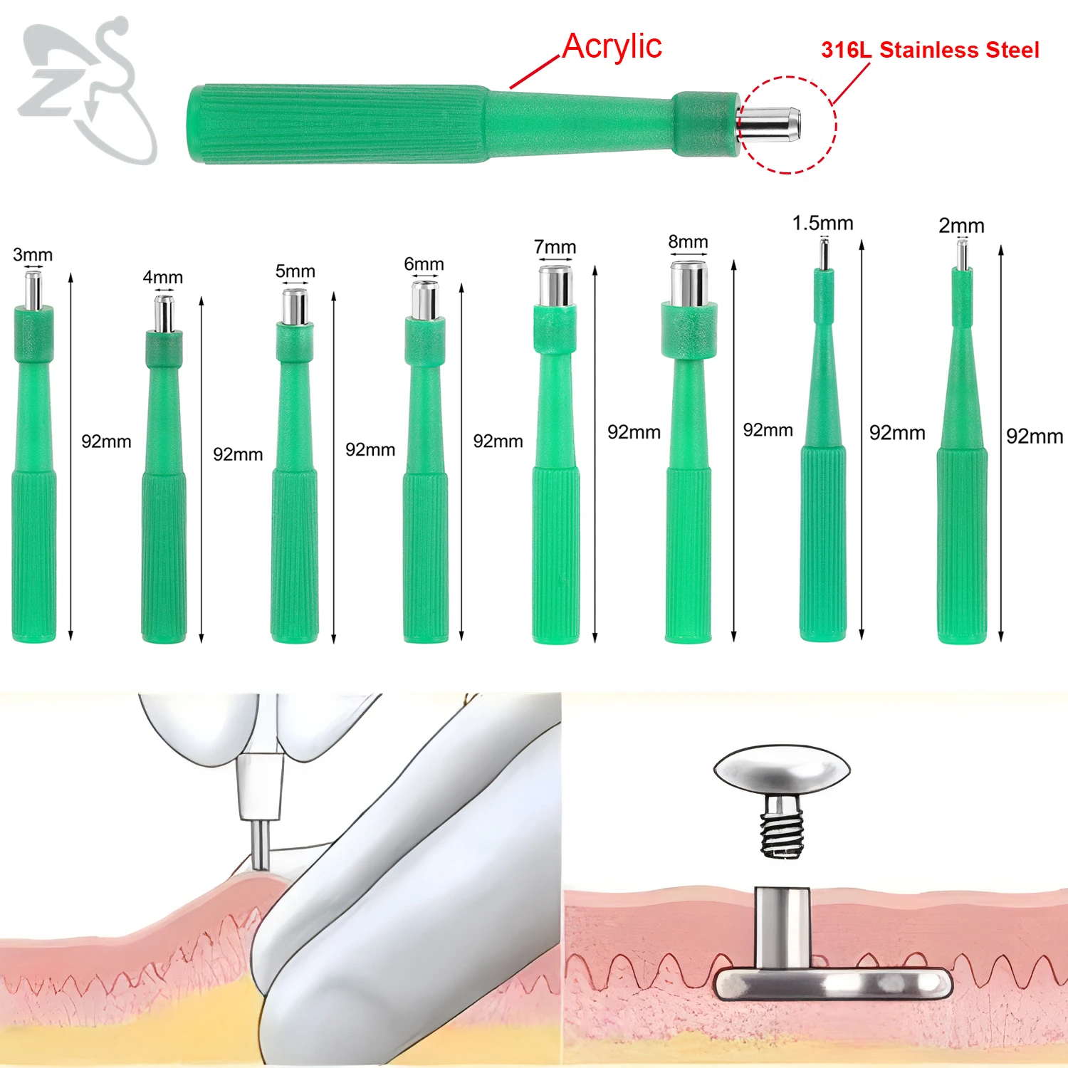 ZS 1 PC 316L Stainless Steel Dermal Anchor Tool Men Women 1.5/2/3/4/5/6/7/8MM Dermal Piercing Kit Disposable Microdermal Tools
