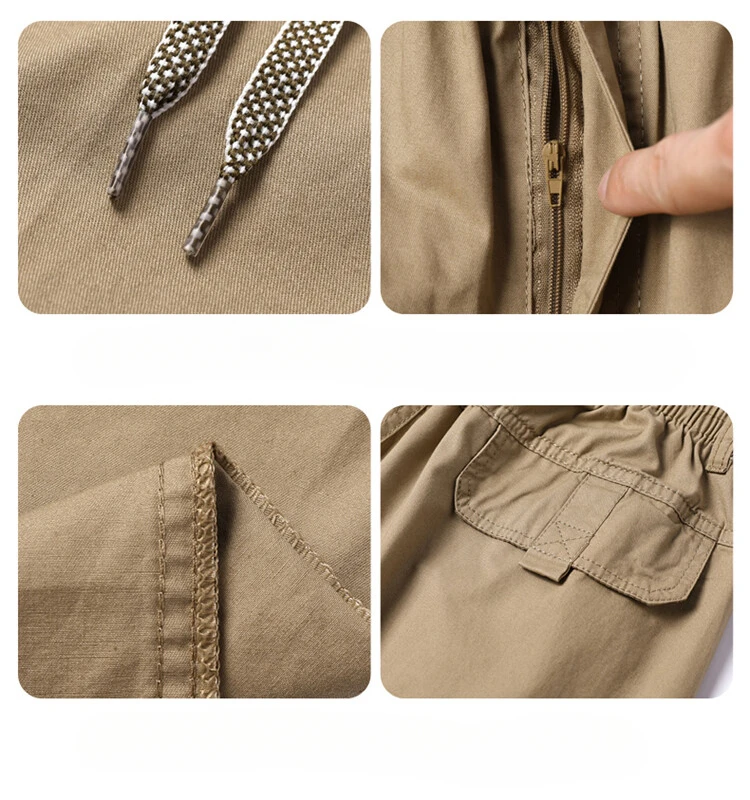 Men's Straight Cargo Trousers, Casual Pants, Monochromatic, Plus Size, M-6XL, Elastic Waist, 100% Cotton, Ninth Pants, 2024 New