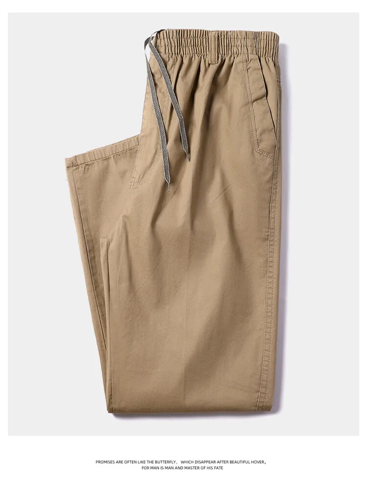 Men's Straight Cargo Trousers, Casual Pants, Monochromatic, Plus Size, M-6XL, Elastic Waist, 100% Cotton, Ninth Pants, 2024 New