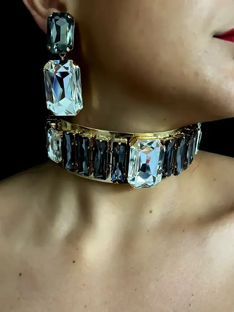 Fashionable rhinestone necklace women's jewelry set bride's wedding, personalized large collar party large necklace earring