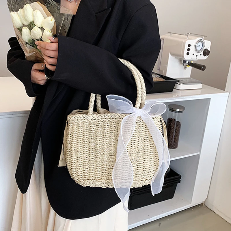 Simple Design Straw Handbags For Women Handmade Bohemian Style Beach Bag Summer Fashion Pack Bucket Bag Purse Totes