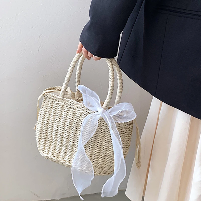 Simple Design Straw Handbags For Women Handmade Bohemian Style Beach Bag Summer Fashion Pack Bucket Bag Purse Totes