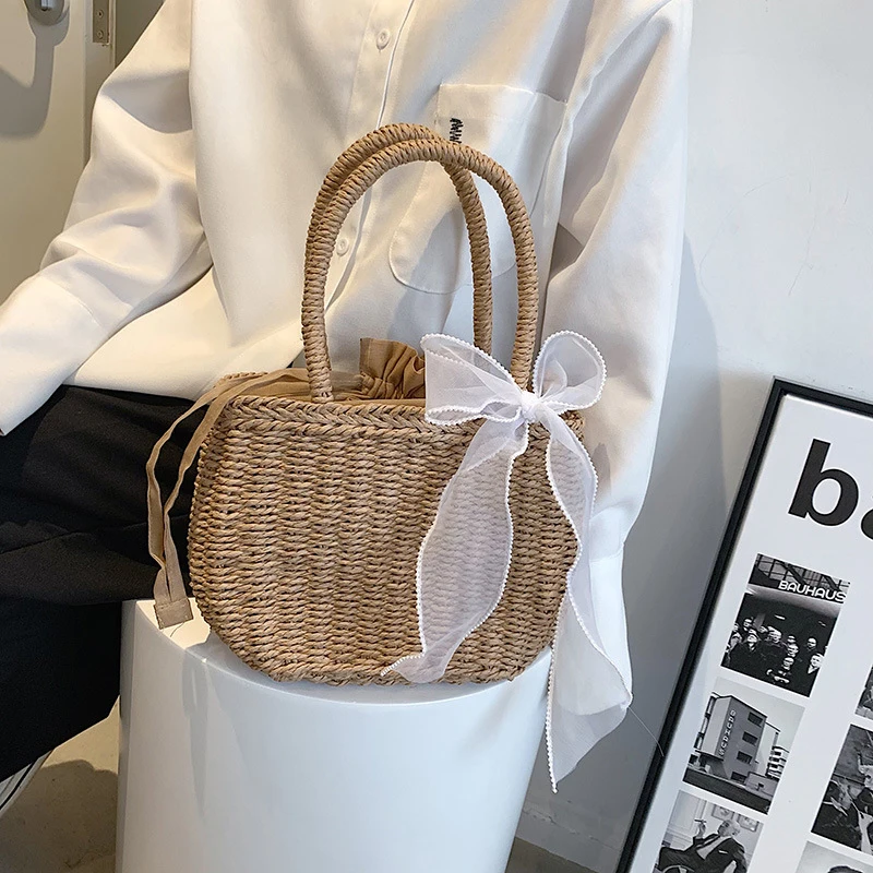Simple Design Straw Handbags For Women Handmade Bohemian Style Beach Bag Summer Fashion Pack Bucket Bag Purse Totes