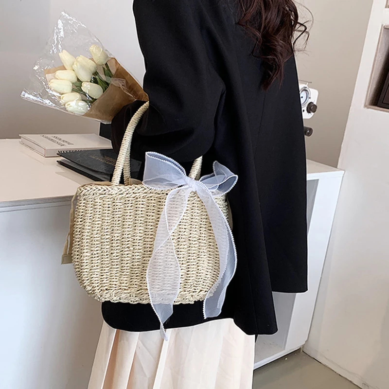 Simple Design Straw Handbags For Women Handmade Bohemian Style Beach Bag Summer Fashion Pack Bucket Bag Purse Totes