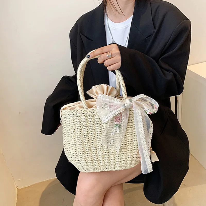 Simple Design Straw Handbags For Women Handmade Bohemian Style Beach Bag Summer Fashion Pack Bucket Bag Purse Totes