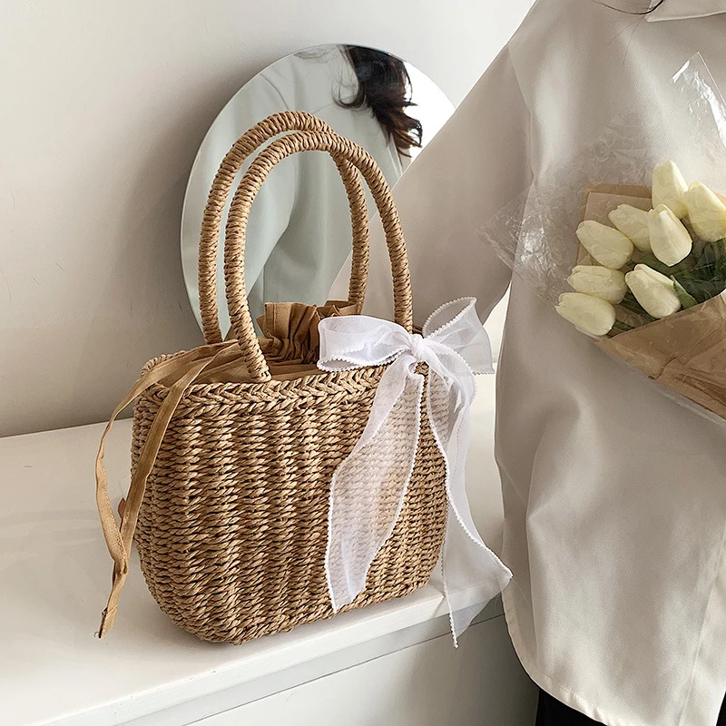 Simple Design Straw Handbags For Women Handmade Bohemian Style Beach Bag Summer Fashion Pack Bucket Bag Purse Totes