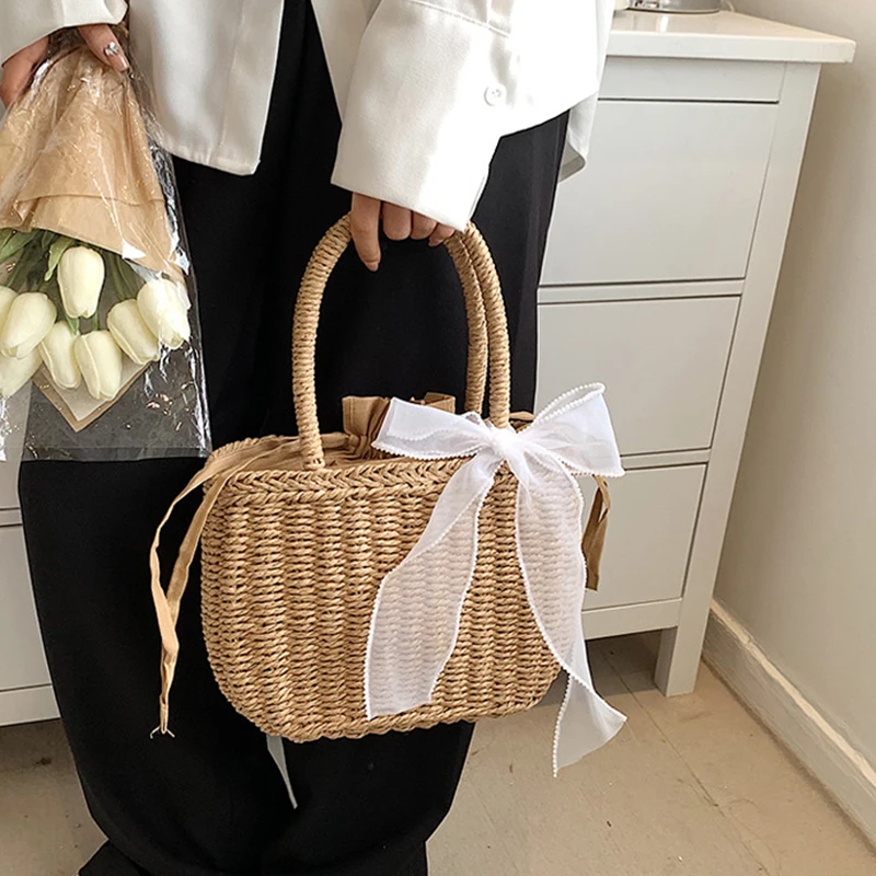 Simple Design Straw Handbags For Women Handmade Bohemian Style Beach Bag Summer Fashion Pack Bucket Bag Purse Totes