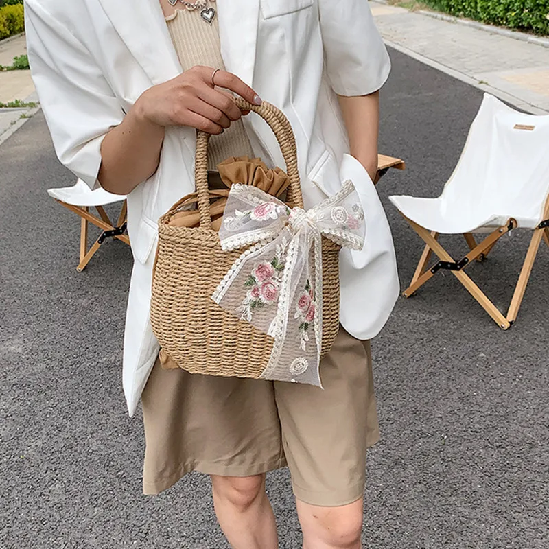 Simple Design Straw Handbags For Women Handmade Bohemian Style Beach Bag Summer Fashion Pack Bucket Bag Purse Totes