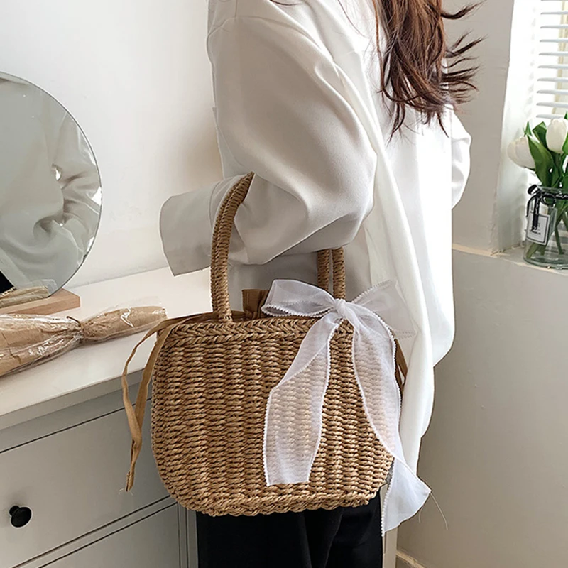 Simple Design Straw Handbags For Women Handmade Bohemian Style Beach Bag Summer Fashion Pack Bucket Bag Purse Totes
