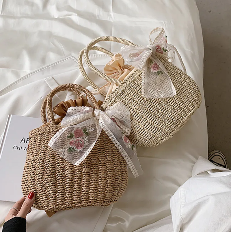 Simple Design Straw Handbags For Women Handmade Bohemian Style Beach Bag Summer Fashion Pack Bucket Bag Purse Totes