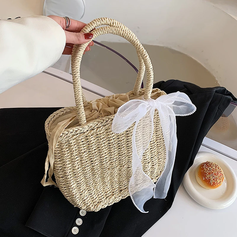 Simple Design Straw Handbags For Women Handmade Bohemian Style Beach Bag Summer Fashion Pack Bucket Bag Purse Totes