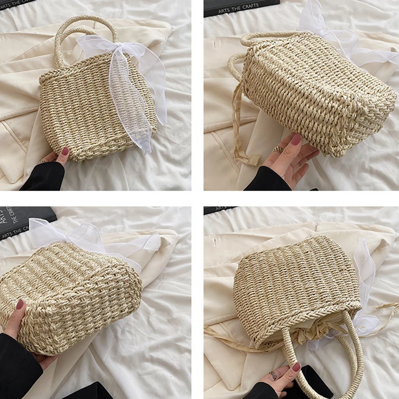 Simple Design Straw Handbags For Women Handmade Bohemian Style Beach Bag Summer Fashion Pack Bucket Bag Purse Totes