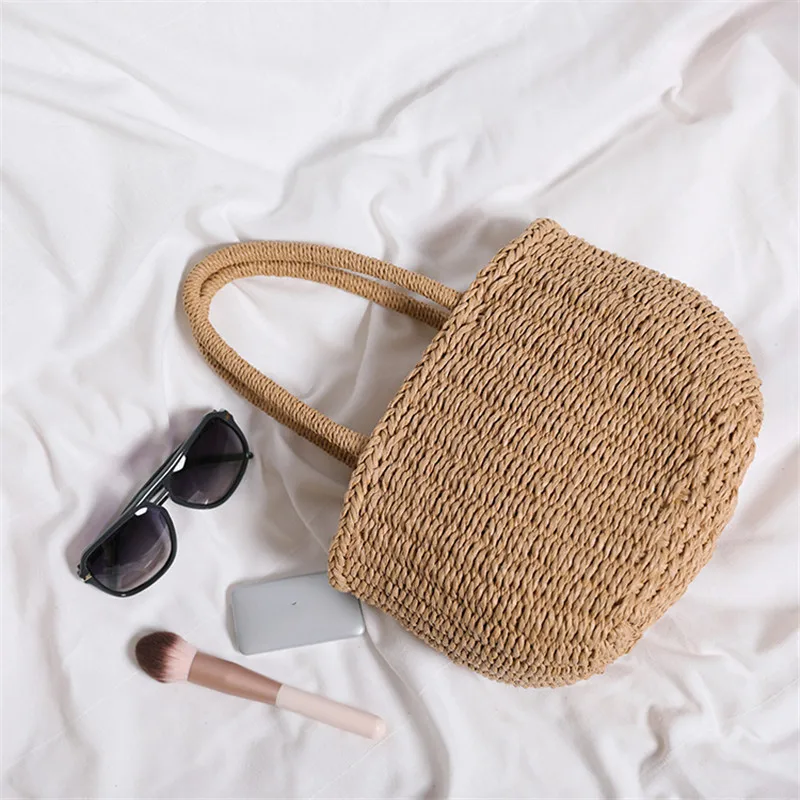 Simple Design Straw Handbags For Women Handmade Bohemian Style Beach Bag Summer Fashion Pack Bucket Bag Purse Totes