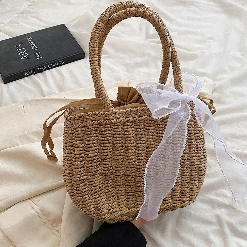 Simple Design Straw Handbags For Women Handmade Bohemian Style Beach Bag Summer Fashion Pack Bucket Bag Purse Totes