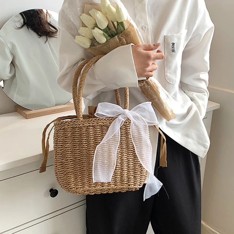 Simple Design Straw Handbags For Women Handmade Bohemian Style Beach Bag Summer Fashion Pack Bucket Bag Purse Totes