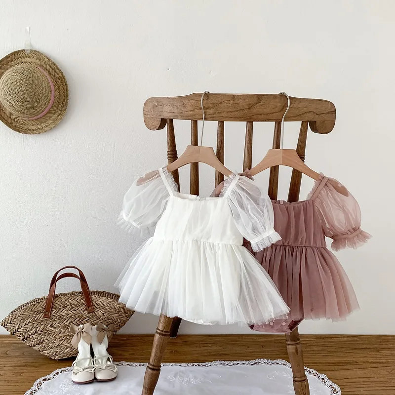 2026 Summer Baby Clothes 100 Day Baptism Birthday Party Sleeveless Jumpsuit Mesh Bow Romper Girl Princess Dress