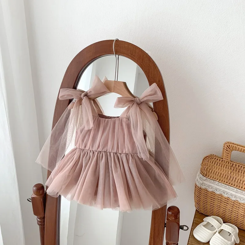 2026 Summer Baby Clothes 100 Day Baptism Birthday Party Sleeveless Jumpsuit Mesh Bow Romper Girl Princess Dress