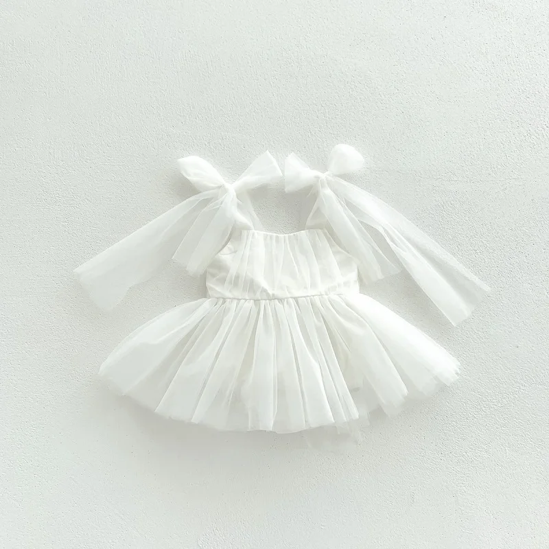 2026 Summer Baby Clothes 100 Day Baptism Birthday Party Sleeveless Jumpsuit Mesh Bow Romper Girl Princess Dress