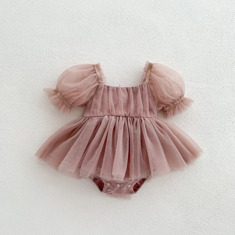 2026 Summer Baby Clothes 100 Day Baptism Birthday Party Sleeveless Jumpsuit Mesh Bow Romper Girl Princess Dress