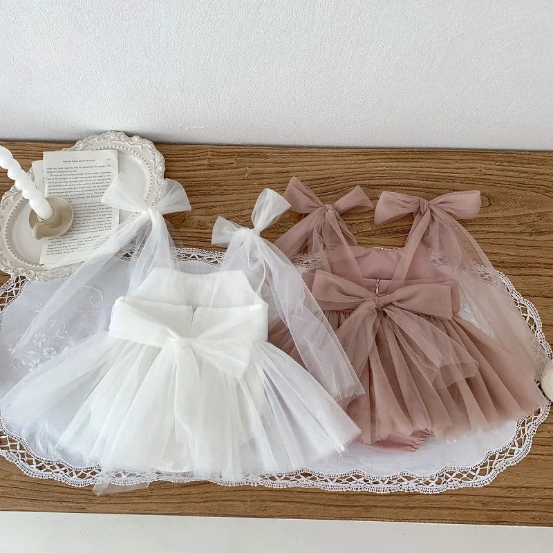 2026 Summer Baby Clothes 100 Day Baptism Birthday Party Sleeveless Jumpsuit Mesh Bow Romper Girl Princess Dress