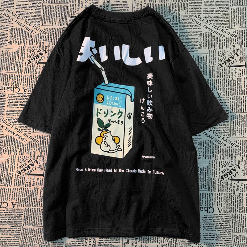 Cute Japanese Cat Print Oversized T-shirt Women Men Short Sleeve Loose Casual Tee Shirt Streetwear Tops Cotton Harajuku Clothing