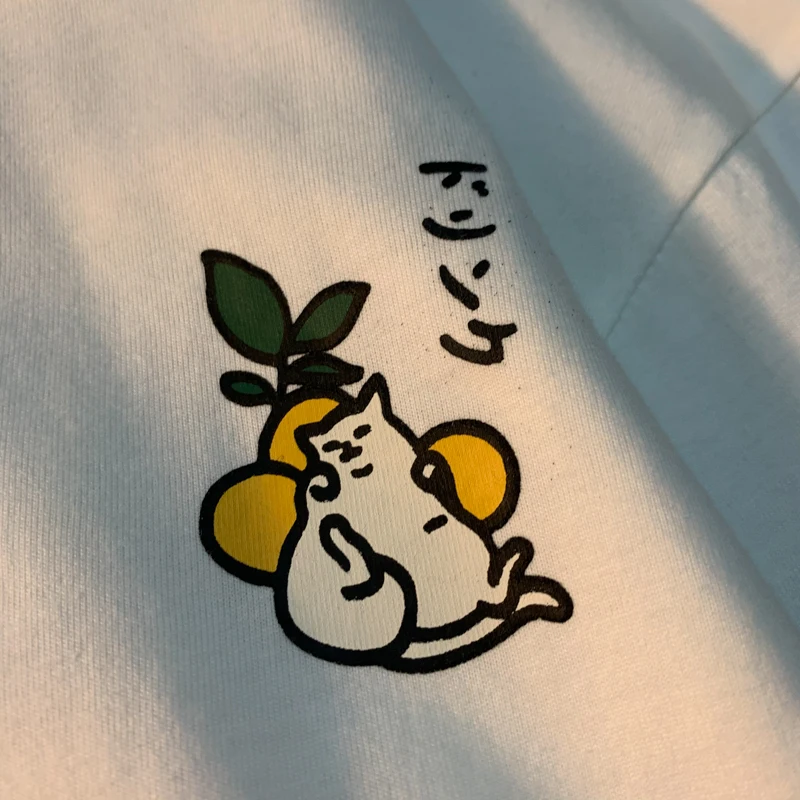 Cute Japanese Cat Print Oversized T-shirt Women Men Short Sleeve Loose Casual Tee Shirt Streetwear Tops Cotton Harajuku Clothing