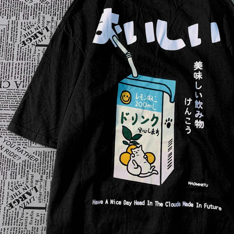 Cute Japanese Cat Print Oversized T-shirt Women Men Short Sleeve Loose Casual Tee Shirt Streetwear Tops Cotton Harajuku Clothing