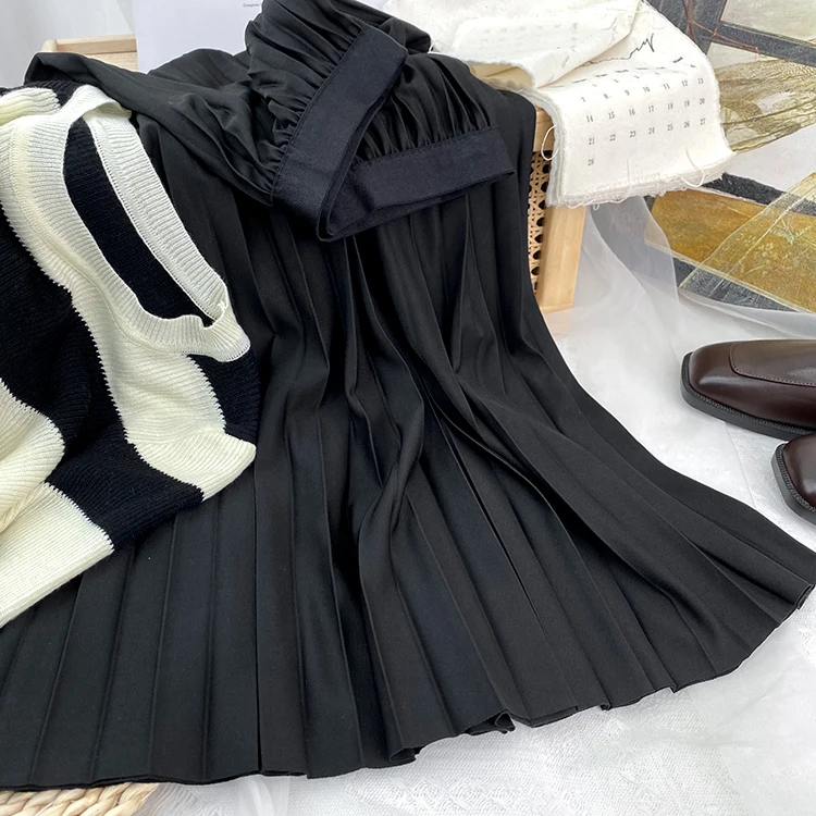2026 Elegant High Waist Pleated Skirt for Women Mid-long Midi Skirt Female High Quality Black Saia