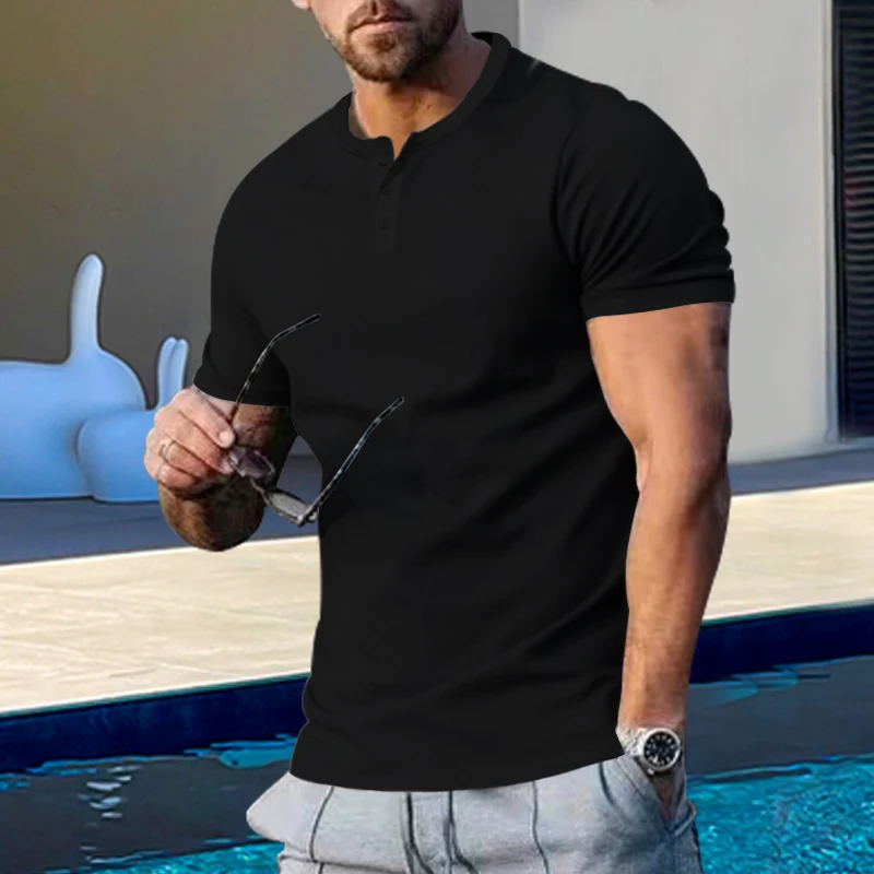 Summer New Trend Men's Buttondown Henry Crew Neck Short Sleeve Men's Slim Solid Color T-Shirt