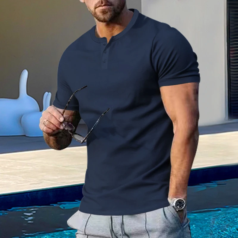 Summer New Trend Men's Buttondown Henry Crew Neck Short Sleeve Men's Slim Solid Color T-Shirt