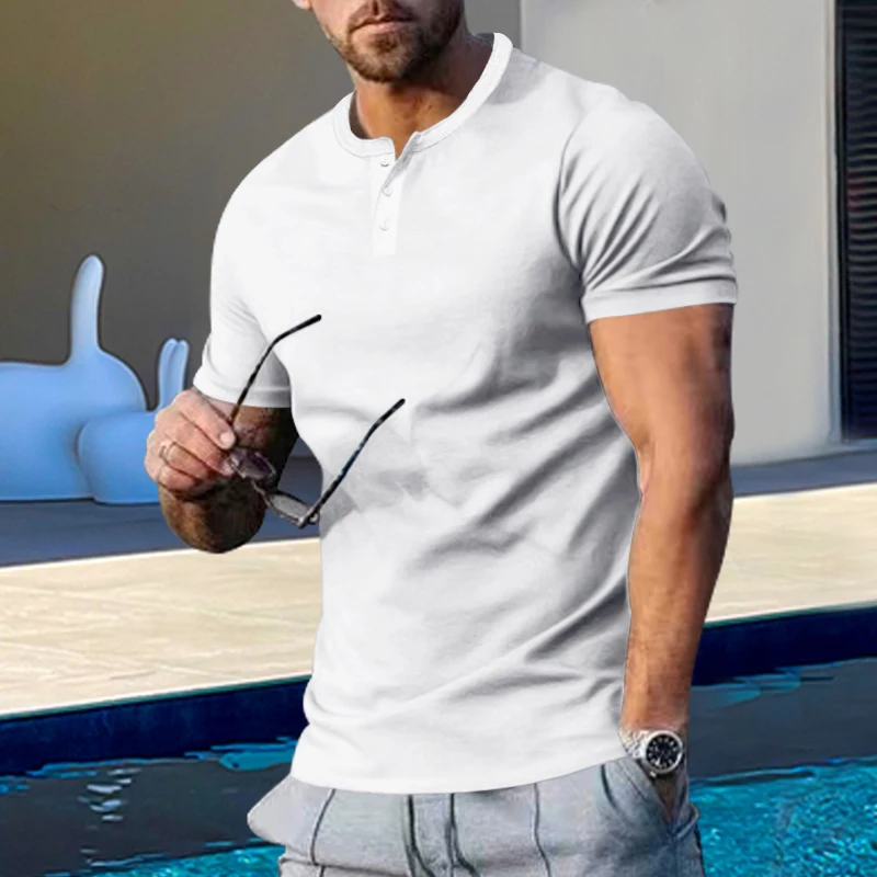 Summer New Trend Men's Buttondown Henry Crew Neck Short Sleeve Men's Slim Solid Color T-Shirt