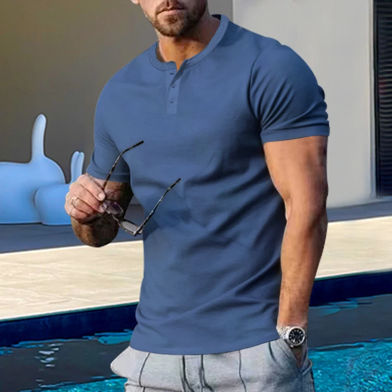 Summer New Trend Men's Buttondown Henry Crew Neck Short Sleeve Men's Slim Solid Color T-Shirt