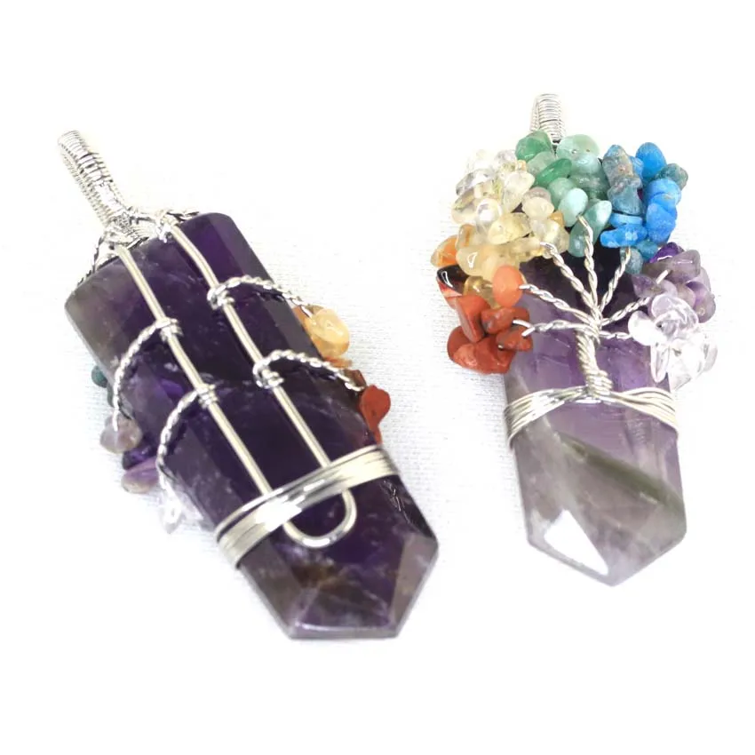 Healing Crystal Sword Faceted Pendant Necklace For Women Men Natural Chakra Tree Life Wire Wrapped Amethyst Rose Quartz Jewelry
