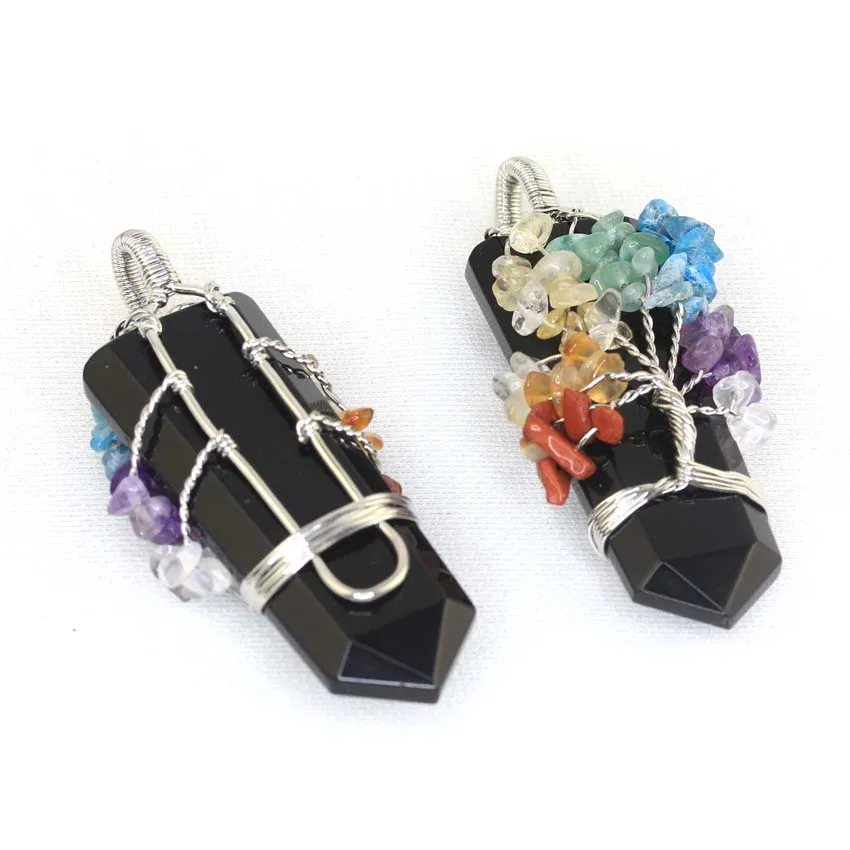 Healing Crystal Sword Faceted Pendant Necklace For Women Men Natural Chakra Tree Life Wire Wrapped Amethyst Rose Quartz Jewelry