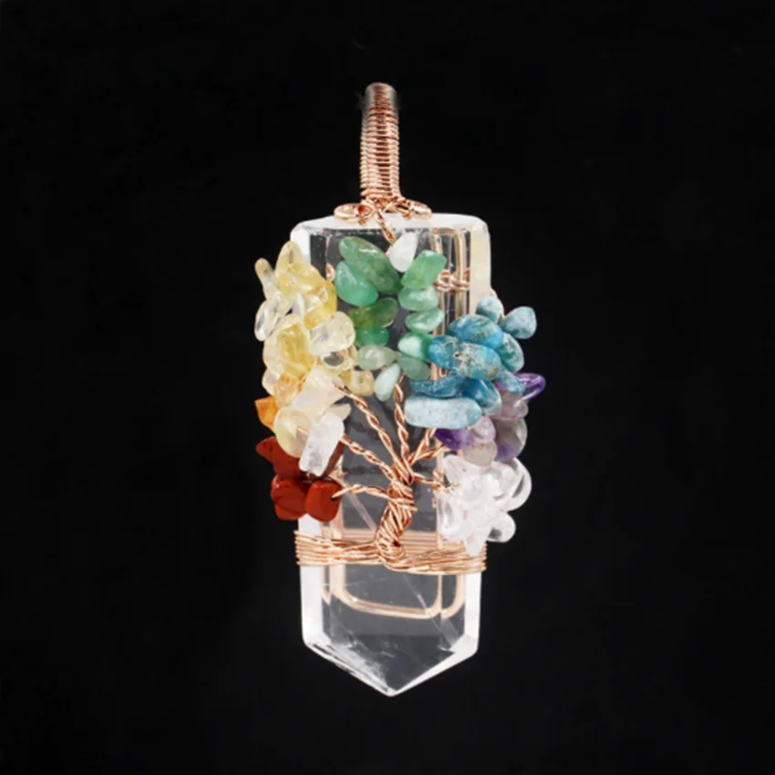 Healing Crystal Sword Faceted Pendant Necklace For Women Men Natural Chakra Tree Life Wire Wrapped Amethyst Rose Quartz Jewelry