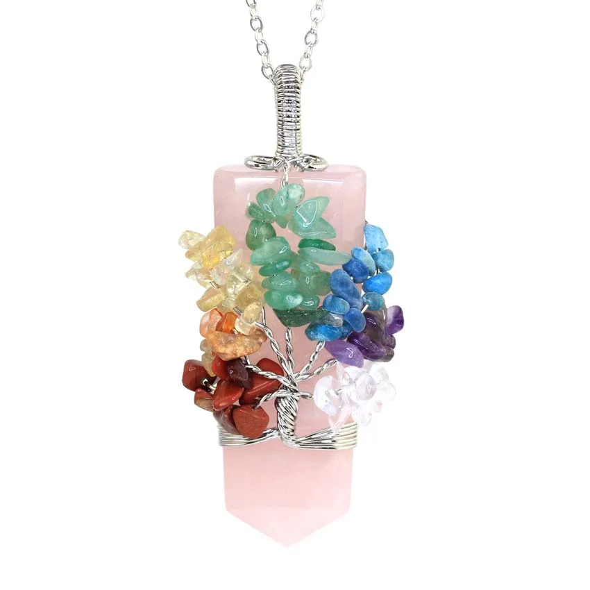 Healing Crystal Sword Faceted Pendant Necklace For Women Men Natural Chakra Tree Life Wire Wrapped Amethyst Rose Quartz Jewelry