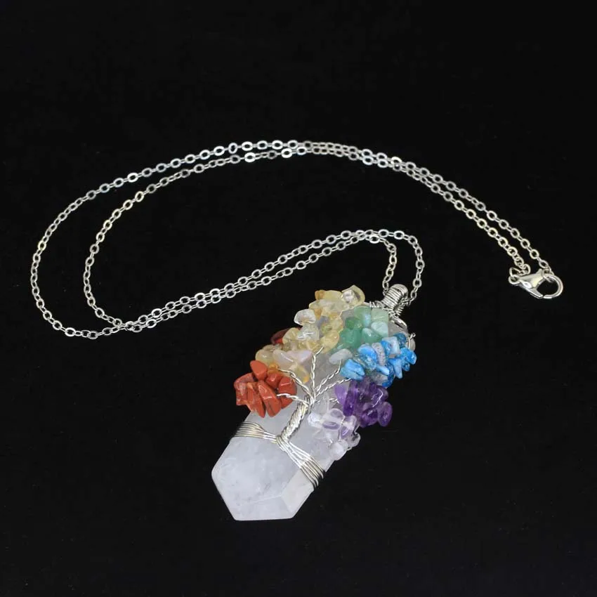 Healing Crystal Sword Faceted Pendant Necklace For Women Men Natural Chakra Tree Life Wire Wrapped Amethyst Rose Quartz Jewelry