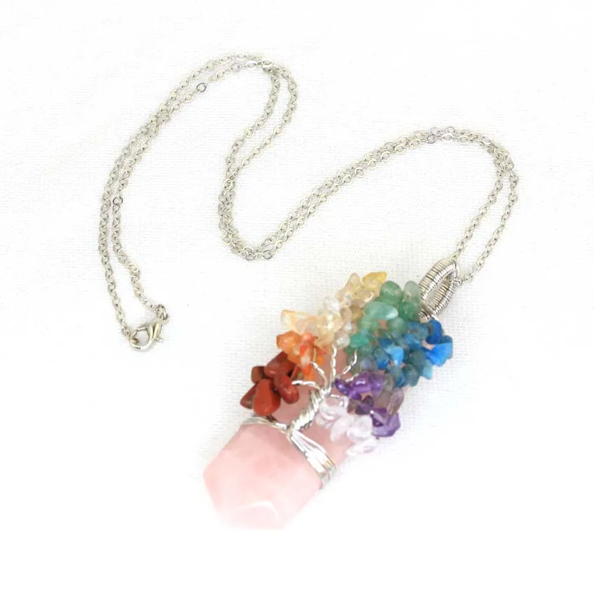 Healing Crystal Sword Faceted Pendant Necklace For Women Men Natural Chakra Tree Life Wire Wrapped Amethyst Rose Quartz Jewelry