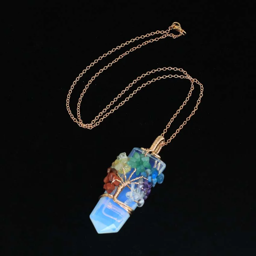 Healing Crystal Sword Faceted Pendant Necklace For Women Men Natural Chakra Tree Life Wire Wrapped Amethyst Rose Quartz Jewelry