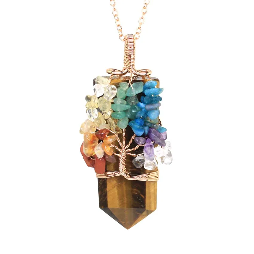 Healing Crystal Sword Faceted Pendant Necklace For Women Men Natural Chakra Tree Life Wire Wrapped Amethyst Rose Quartz Jewelry