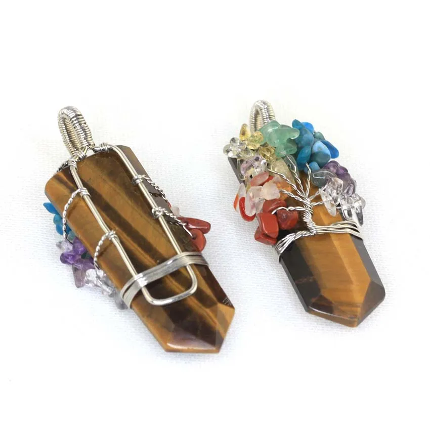 Healing Crystal Sword Faceted Pendant Necklace For Women Men Natural Chakra Tree Life Wire Wrapped Amethyst Rose Quartz Jewelry
