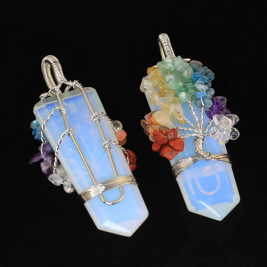 Healing Crystal Sword Faceted Pendant Necklace For Women Men Natural Chakra Tree Life Wire Wrapped Amethyst Rose Quartz Jewelry
